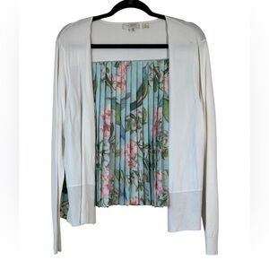 Ted Baker Cream Cardigan Sweater Hummingbird Floral Pleated Back Womens 8 Girly